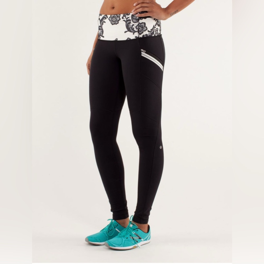 Lululemon Run Toasty Tech Tight Black/Laceoflage Polar Cream full length legging